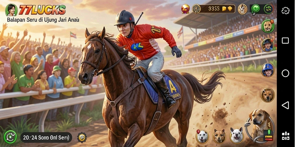 Screenshot menunjukkan aksi balapan mendebarkan di 77LUCKS.