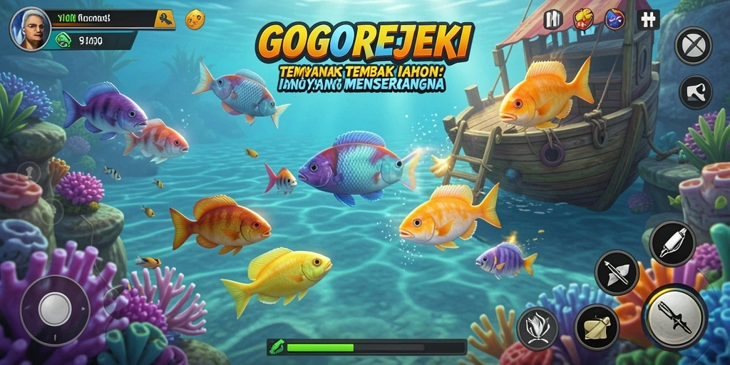 Tampilan gameplay GOGOREJEKI saat menembak ikan berwarna-warni.