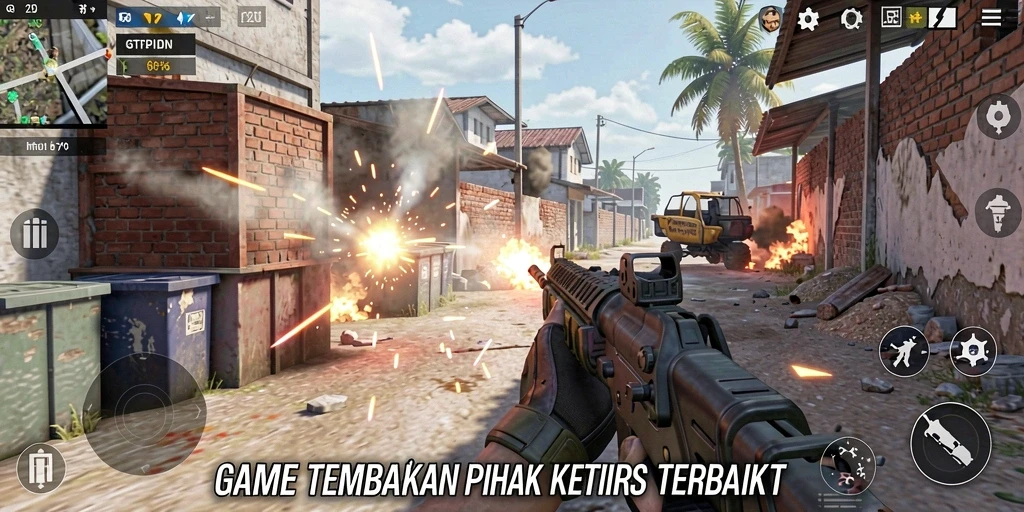Screenshot utama GTPIDN menampilkan aksi tembak-menembak yang seru.