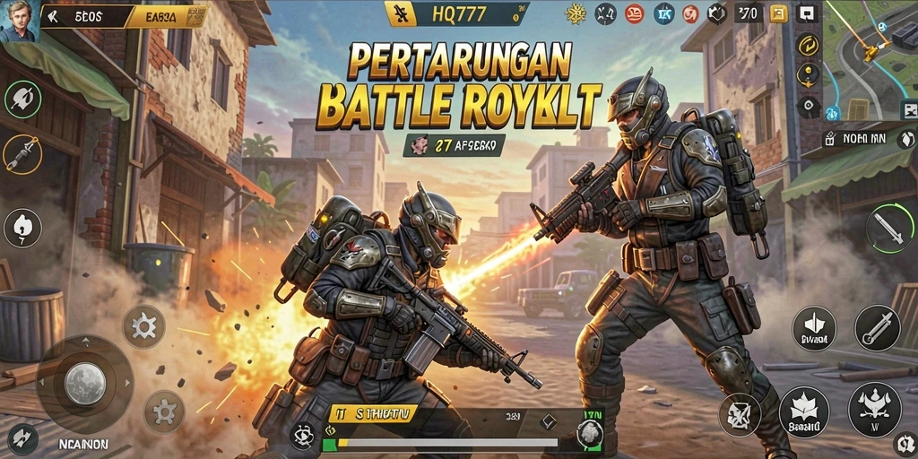 Tampilan gameplay HQ777 yang menegangkan dalam pertempuran Battle Royale.
