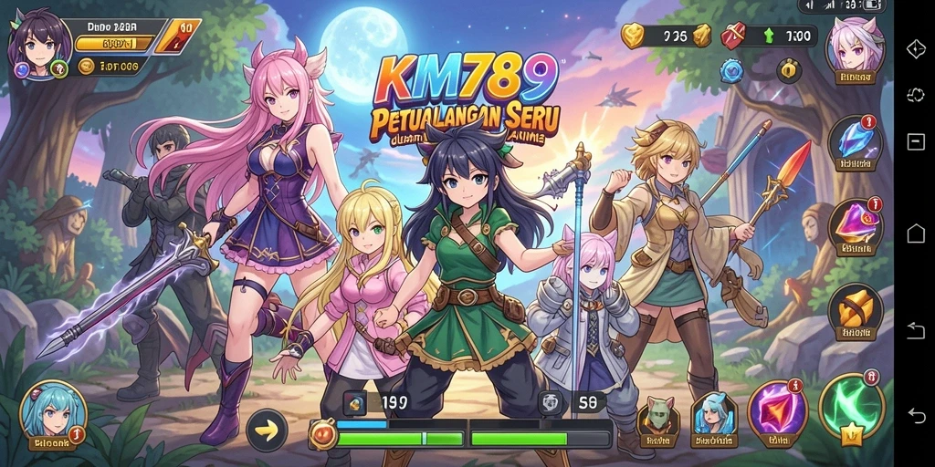 Screenshot gameplay KM789 menampilkan karakter Anime yang aksi dan petualangan.
