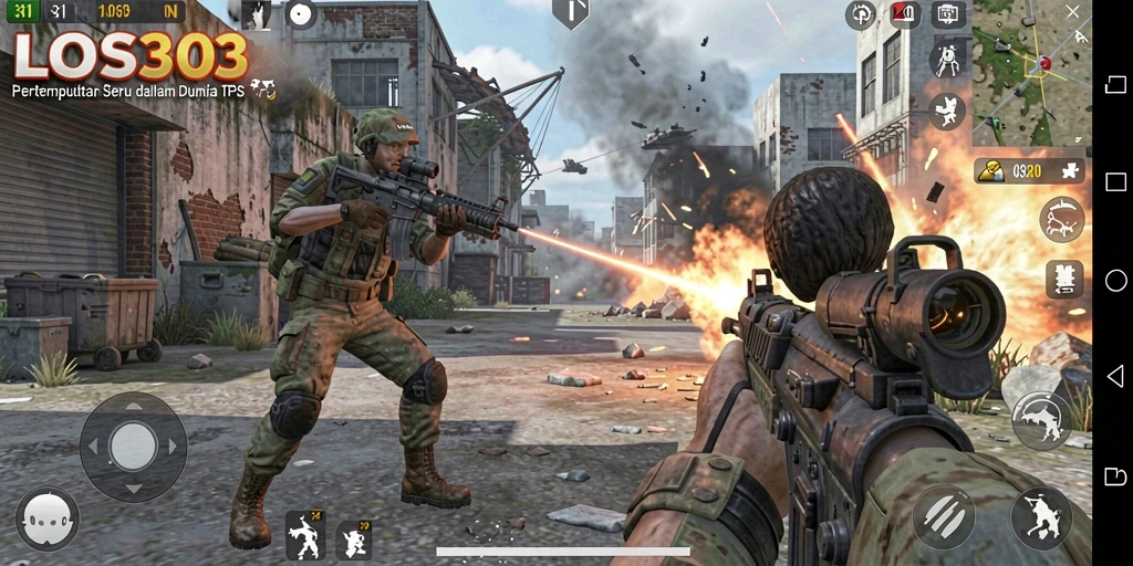 Screenshot gameplay LOS303 menampilkan aksi intens pertempuran TPS.