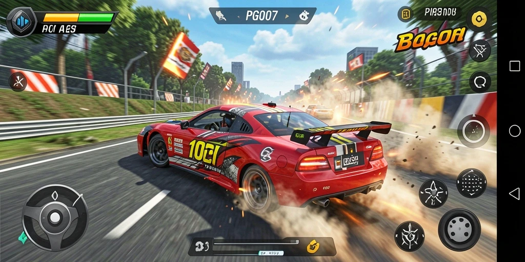 Screenshot PRG007 menampilkan aksi balapan mobil yang seru.