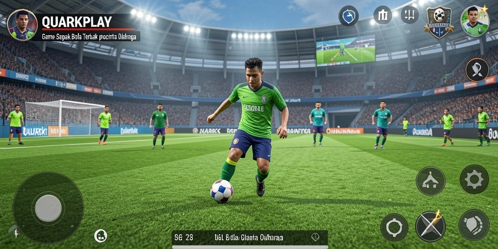 Tampilan gameplay QUARKPLAY yang menegangkan dalam aksi sepak bola.
