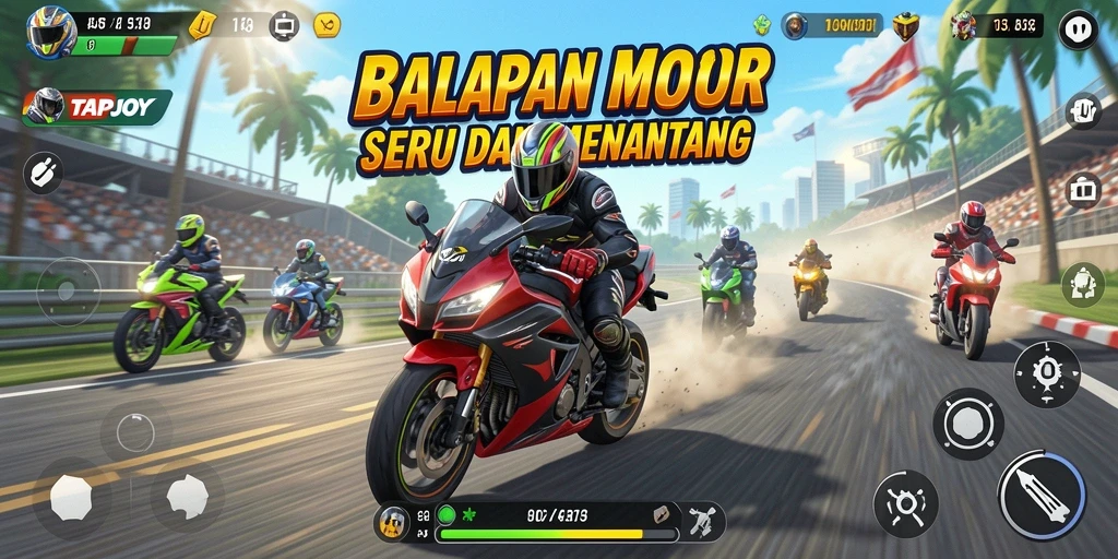 TAPJOY menampilkan gameplay balapan motor yang intens dan seru.