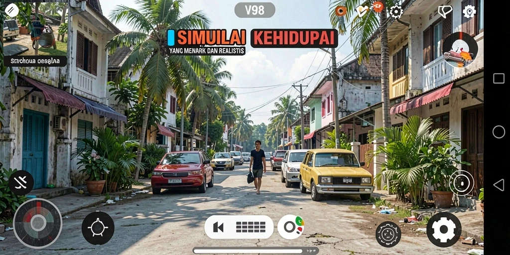 Screenshot gameplay V98 yang menunjukkan aksi simulasi kehidupan.